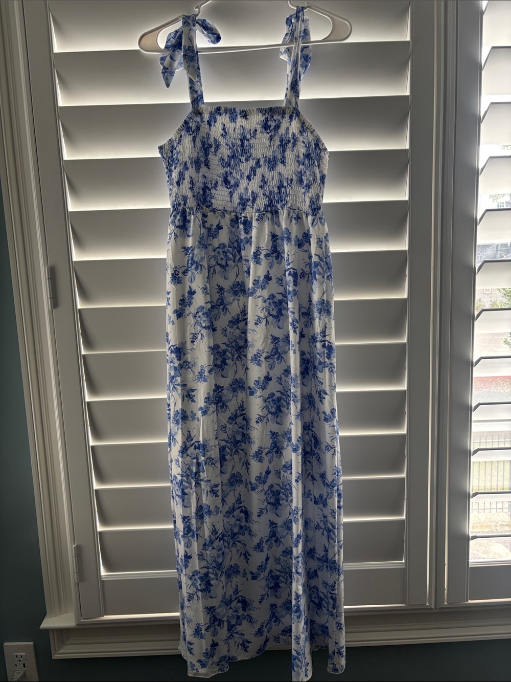 Blue Floral Tie-Shoulder Maxi Dress - Smocked Bodice